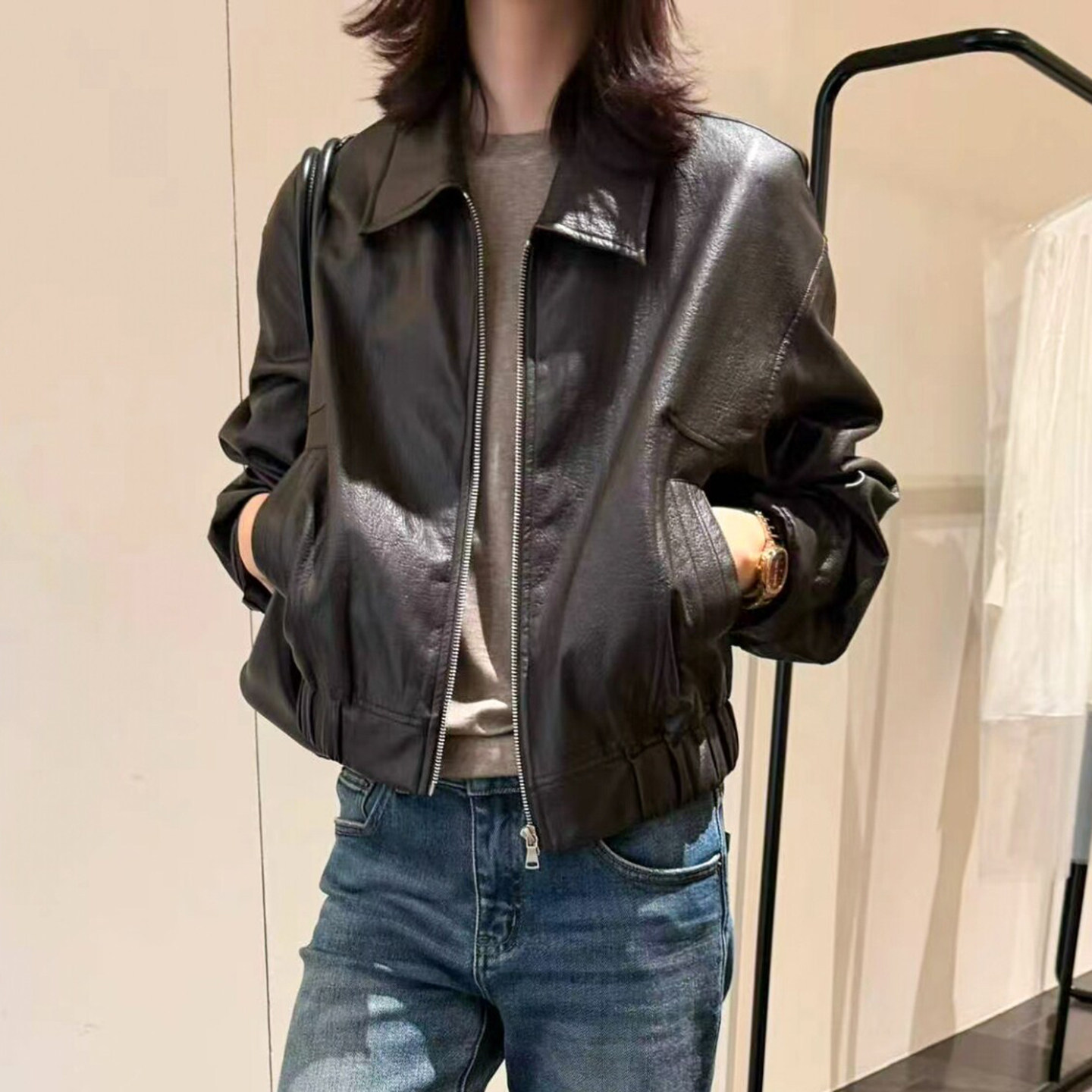 复古翻领蛋白皮PU皮衣外套女欧货