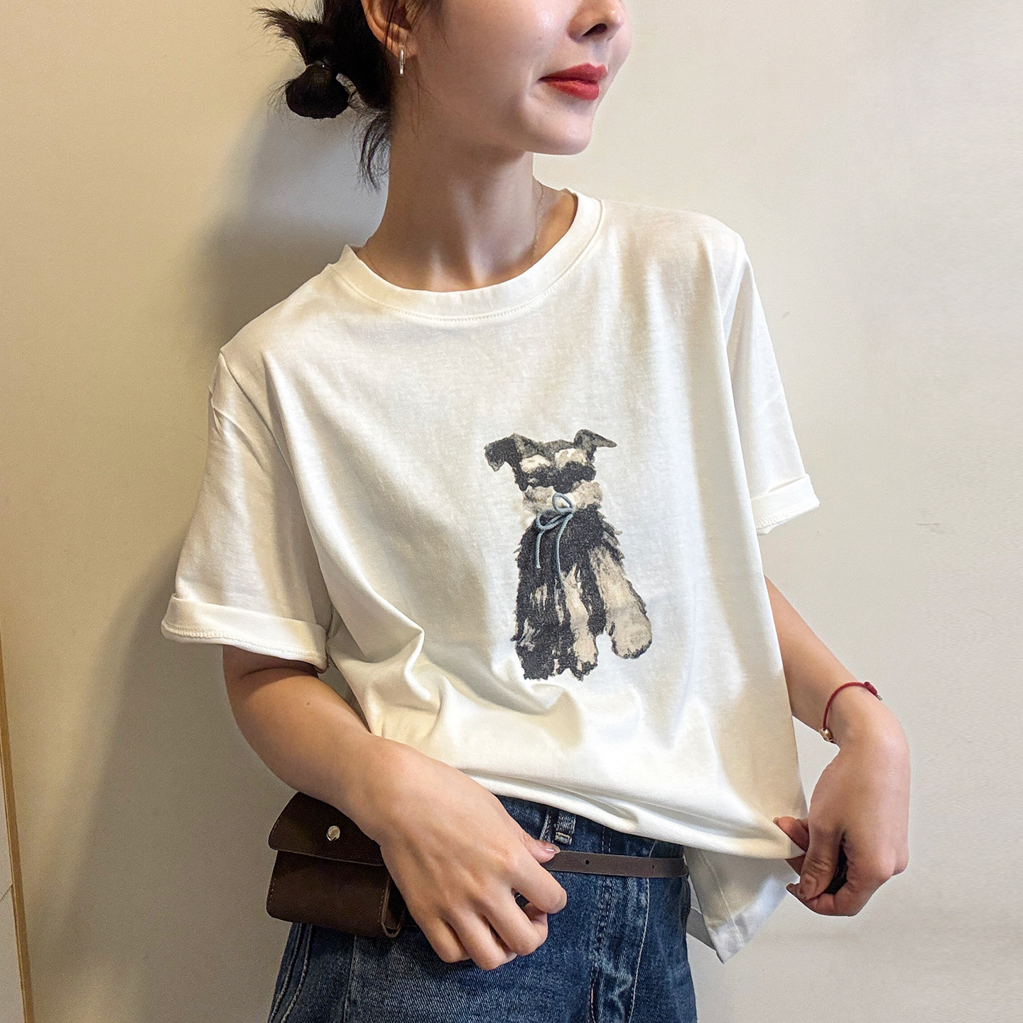 小狗印花修身短袖T恤女欧洲站2026春装新款欧货女装洋气打底衫潮