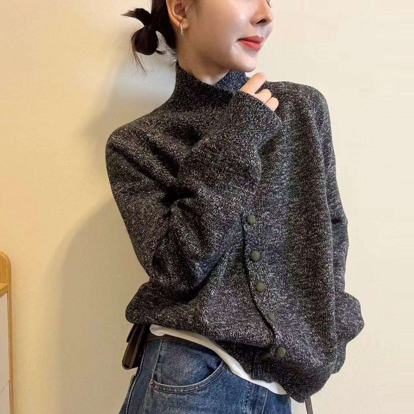 复古杂线高领羊毛针织开衫女欧货