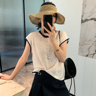 娃娃衫 蕾絲刺繡飛飛袖 潮 歐貨女裝 新款 冰絲針織衫 女歐洲站2025夏裝