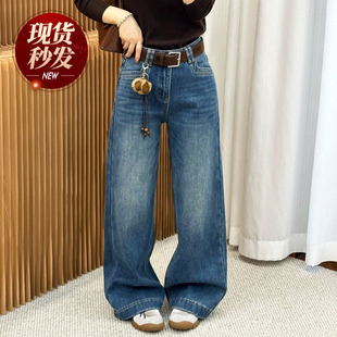 女欧洲站2025冬装 直筒裤 新款 时尚 潮 欧货女装 配挂件加厚加绒牛仔裤