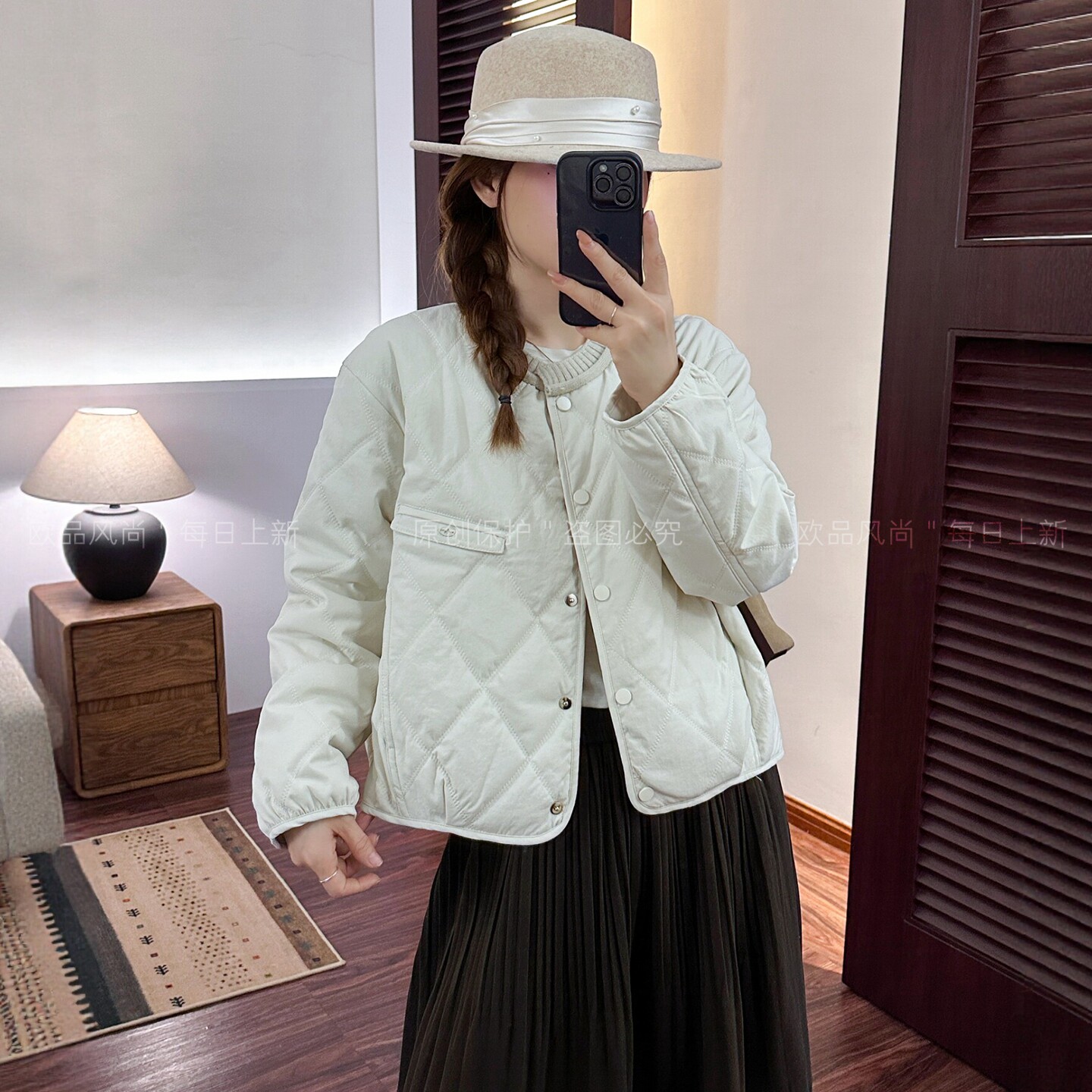 菱形格立领加棉棒球服外套女欧货