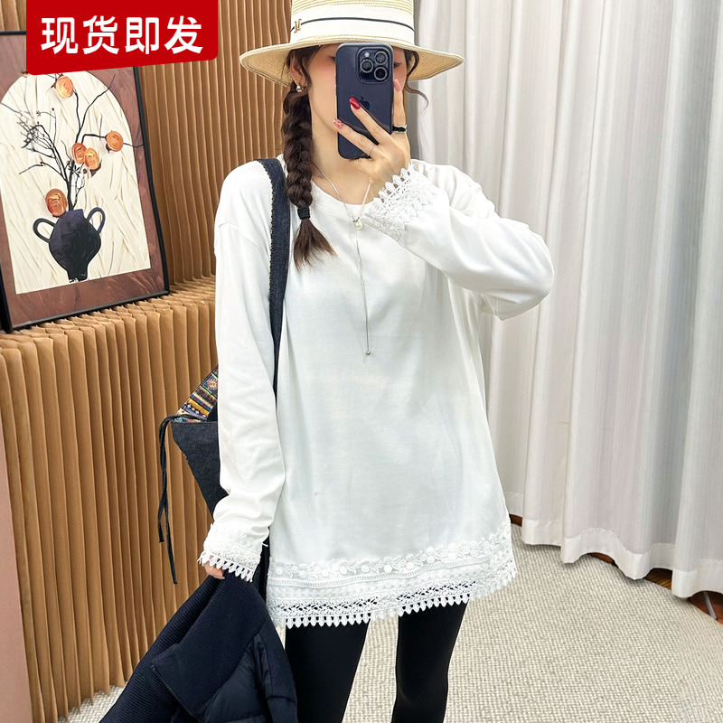 蕾丝拼接磨毛加绒T恤女欧货打底