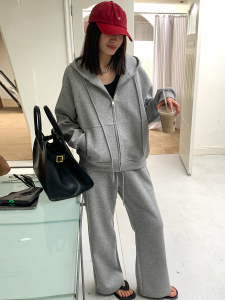 抽绳连帽卫衣开衫阔腿裤两件套装女欧洲站早春2024新款欧货女装潮