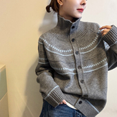 复古提花高领羊绒针织开衫 短外套潮 欧货女装 女欧洲站2025冬装 新款