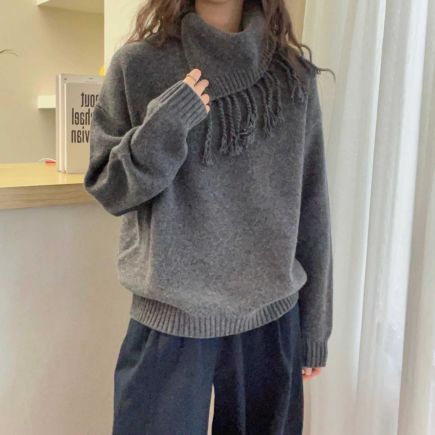 不规则流苏高领羊绒针织衫女欧货