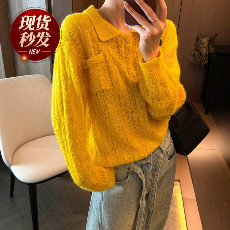 POLO领镂空钩花羊毛针织衫女欧洲站2026春装新款欧货女装打底衫潮