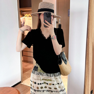 蕾丝拼接金丝绒短袖T恤女欧洲站2026夏季新款欧货女装洋气上衣潮