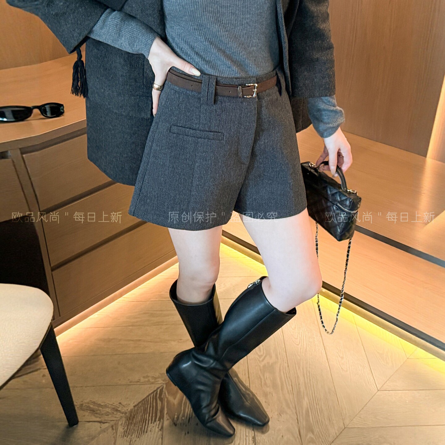 羊毛呢A字西装阔腿短裤女欧洲站