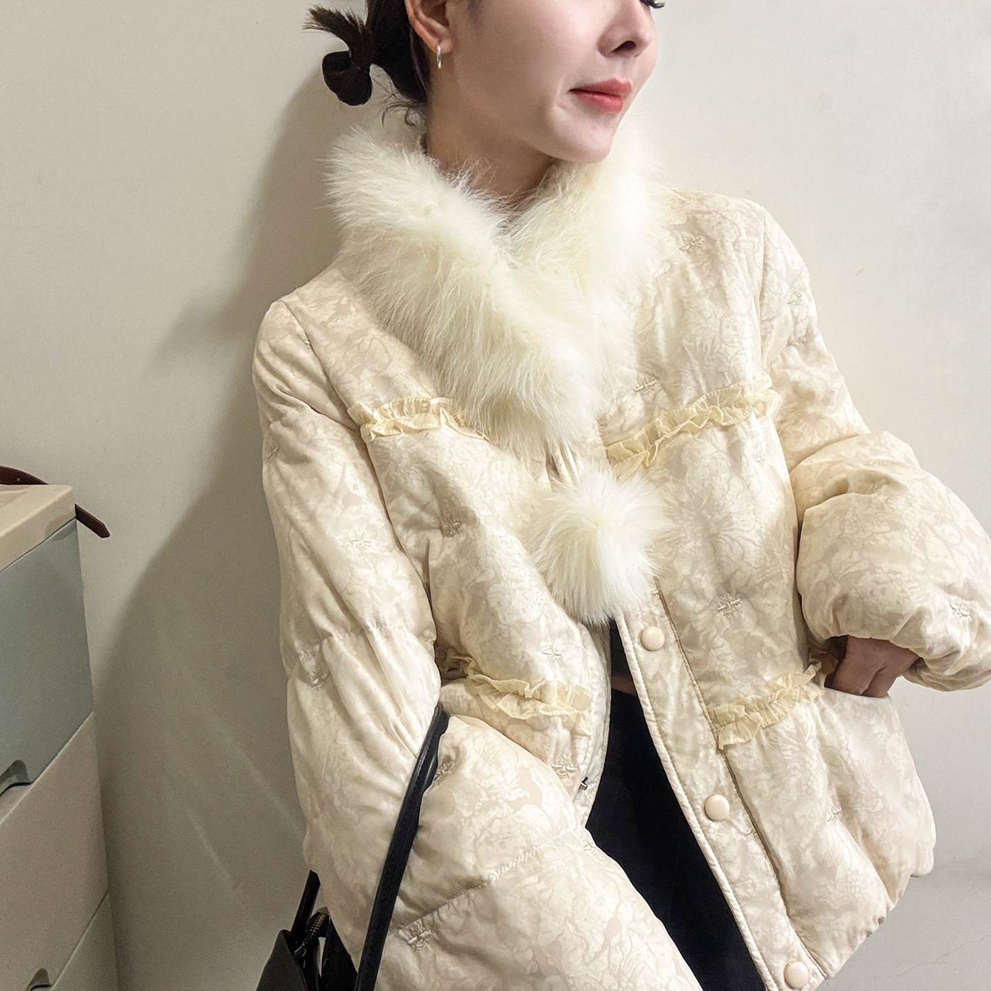 新中式国风花边毛领羽绒服女欧洲站2025冬装新款欧货女装面包服潮