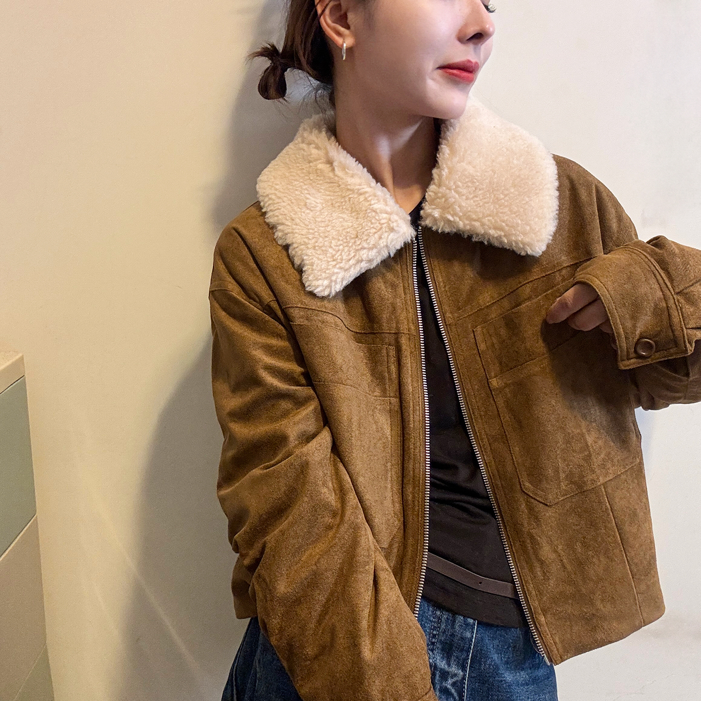 羊羔毛领麂皮绒羽绒服女欧货外套