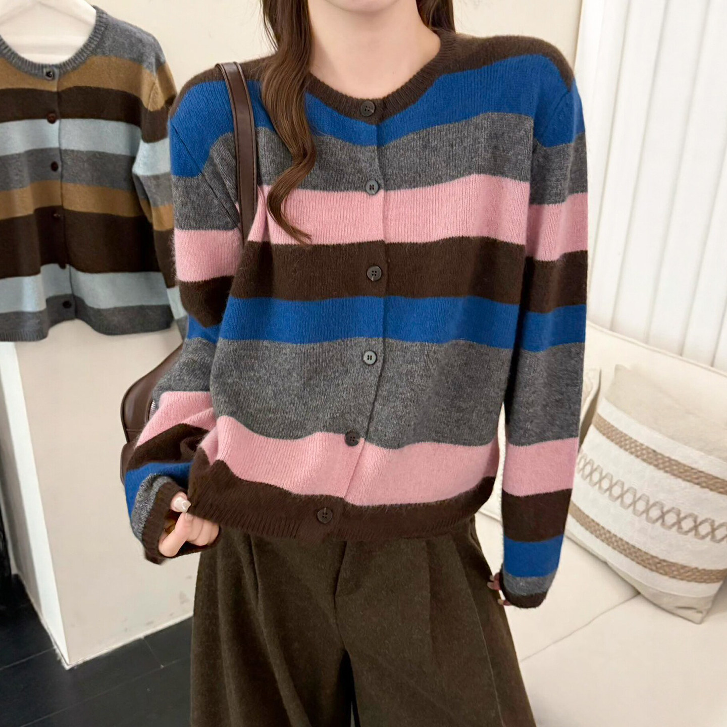 撞色条纹山羊绒针织开衫女欧洲站