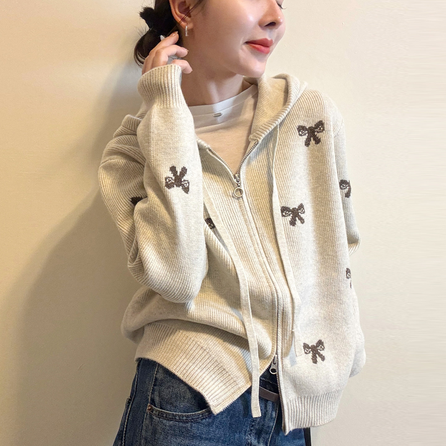 蝴蝶结印花连帽羊毛针织衫女欧货