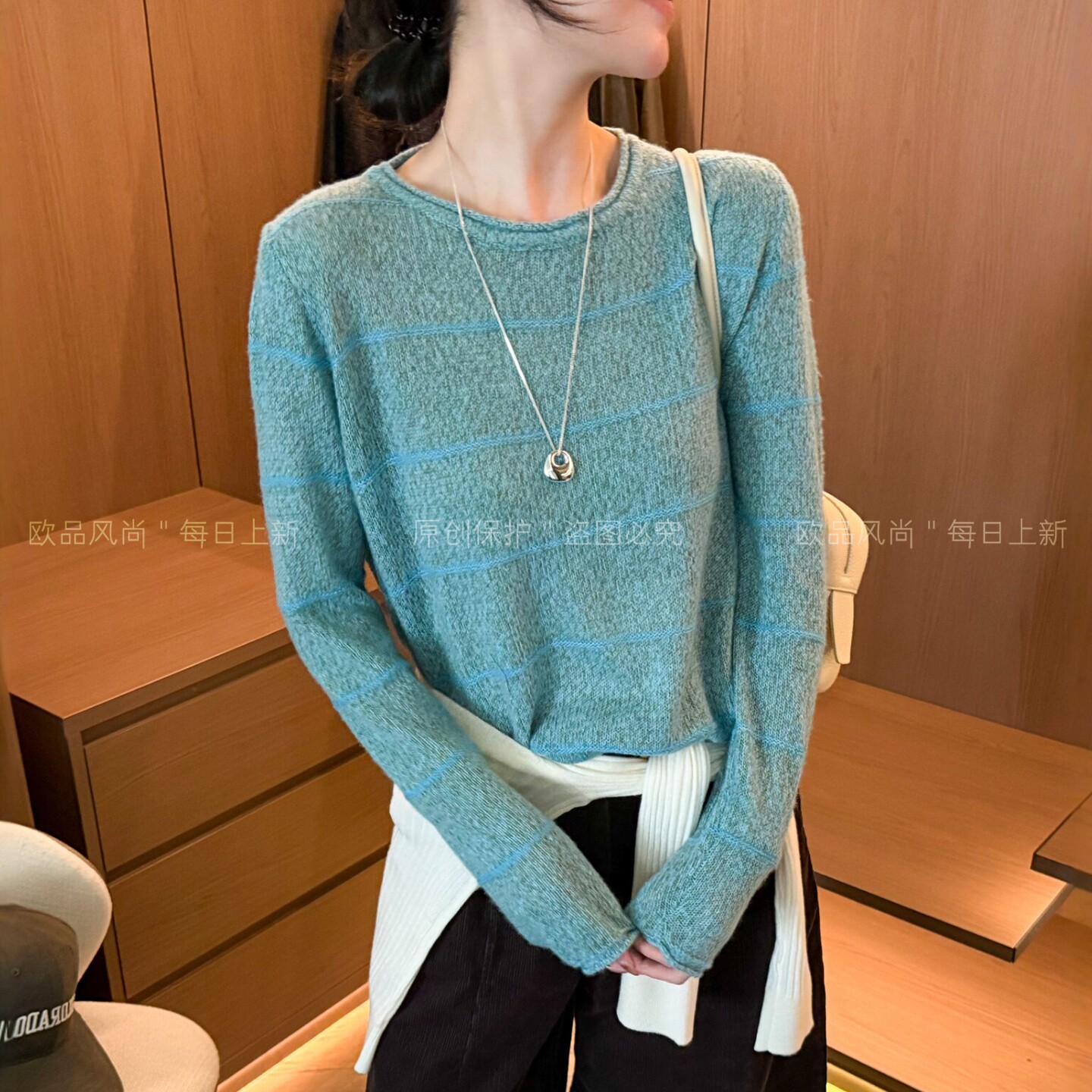 莱赛尔卷边条纹绵羊毛针织衫毛衣
