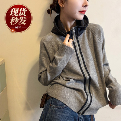 双拉链连帽羊绒针织开衫女欧洲站
