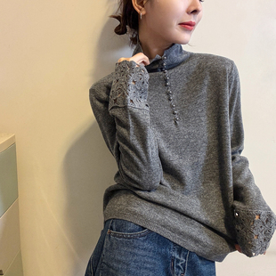 打底衫 镂空钩花半高领羊毛针织衫 欧货女装 新款 潮 女欧洲站2025冬装