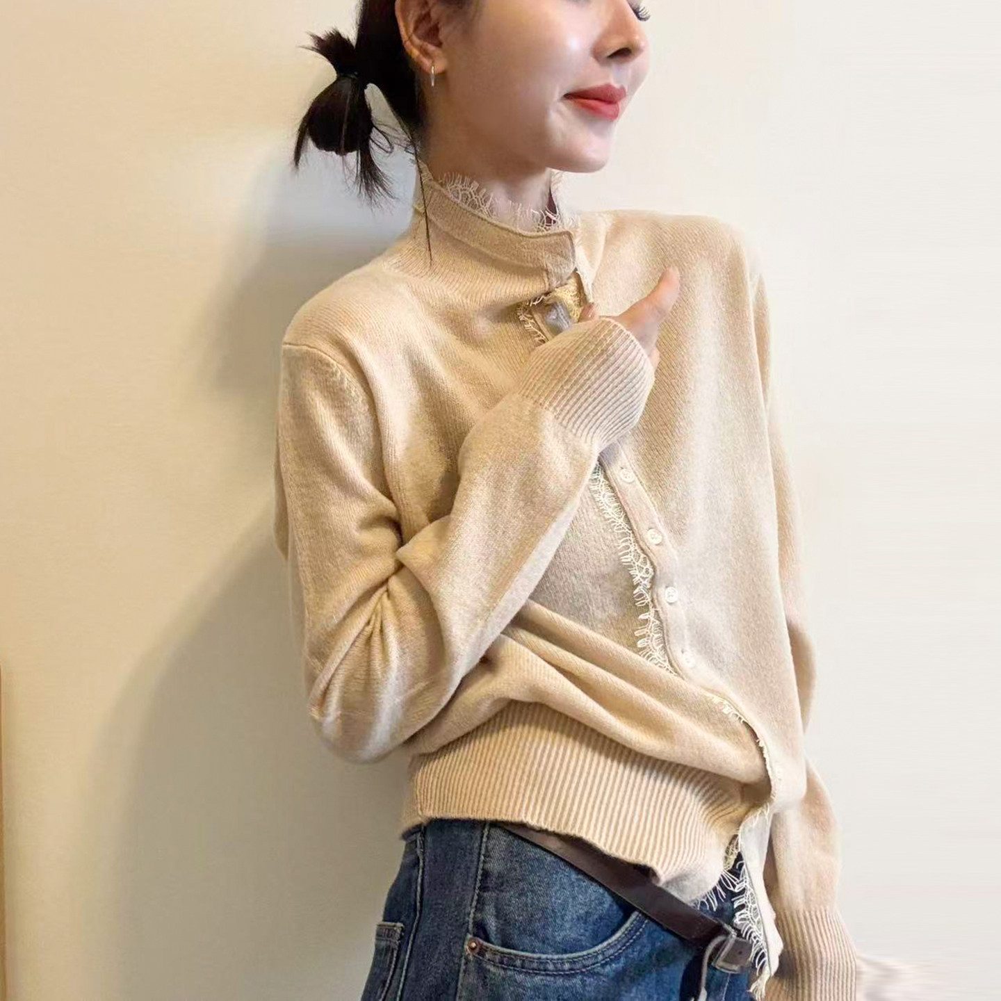半高领流苏羊毛针织开衫女欧洲站