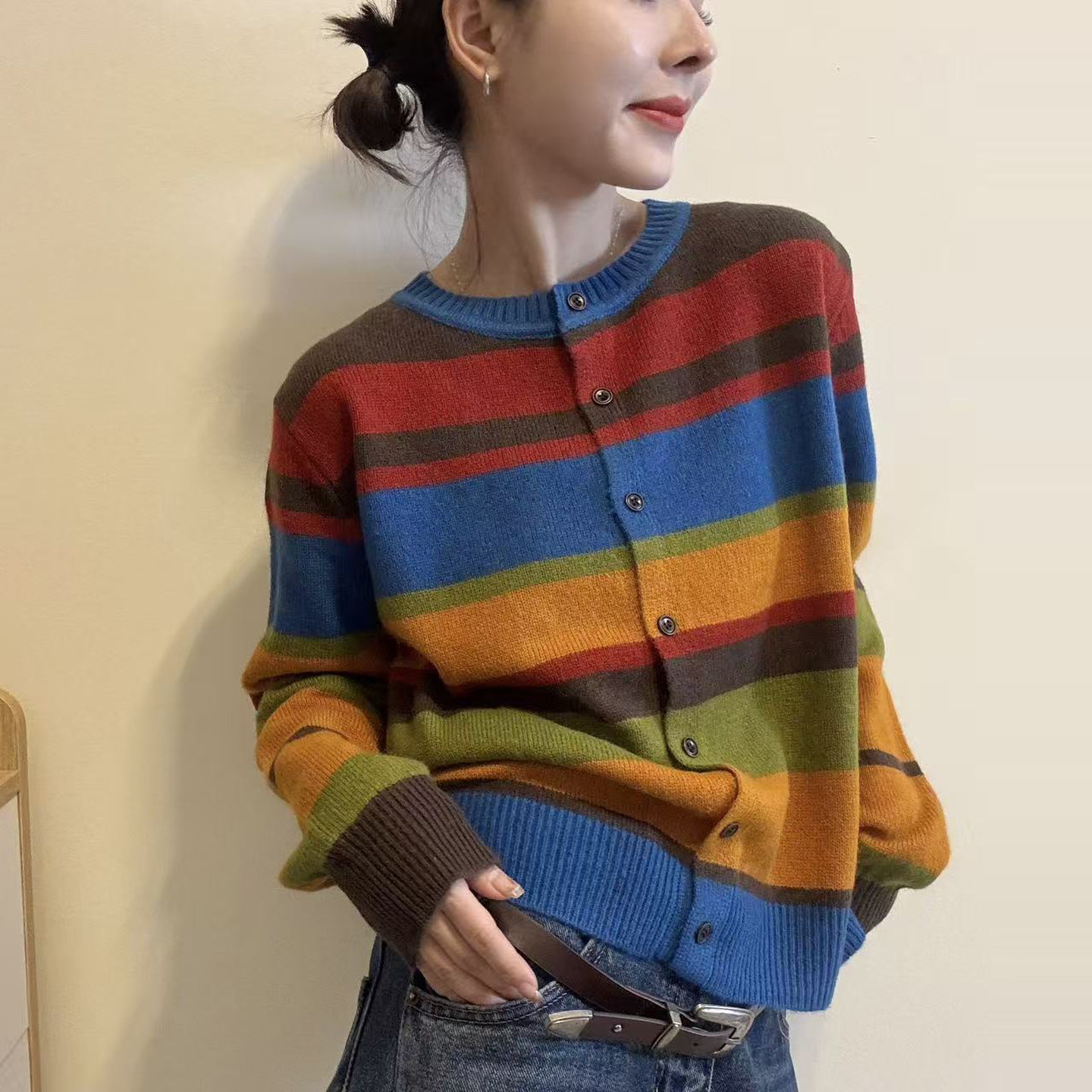 彩色条纹羊毛针织开衫女欧货毛衣