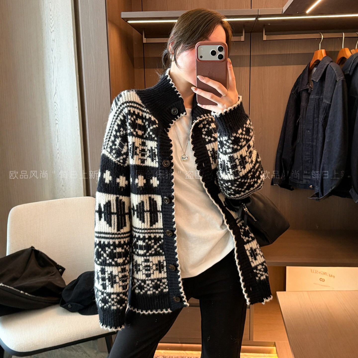 费尔岛提花绵羊毛针织开衫女欧货