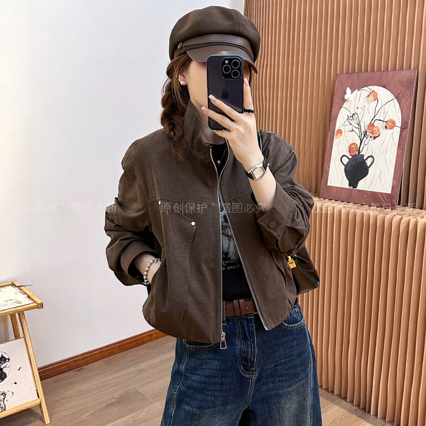 复古立领工装棒球服外套女欧洲站