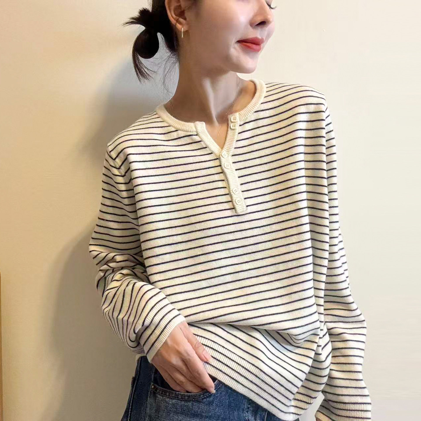 剪刀领条纹羊毛针织衫女欧洲站潮