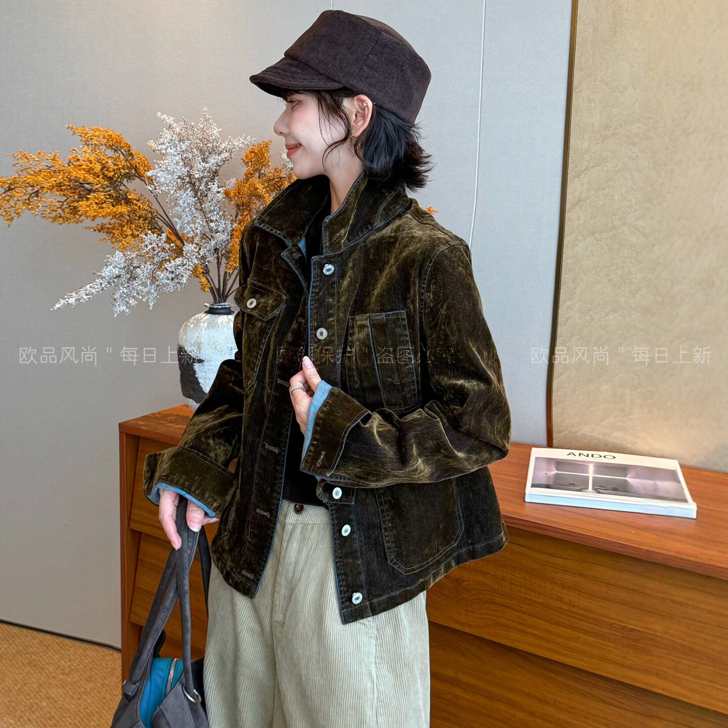 复古立领金丝绒棒球服外套女欧货