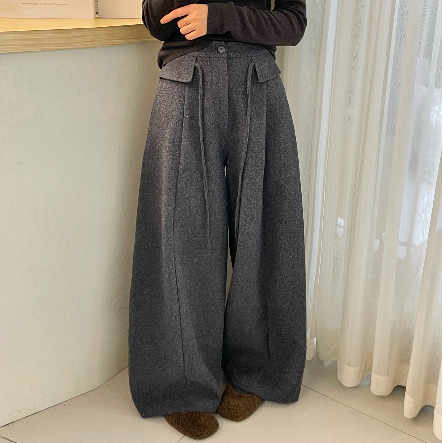 复合羊毛呢西装阔腿裤女欧货裤子