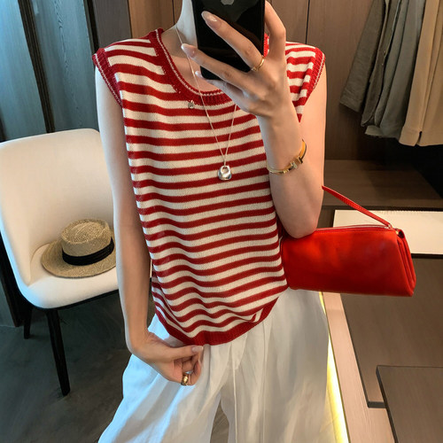 贝壳扣撞色条纹冰丝针织衫女欧货