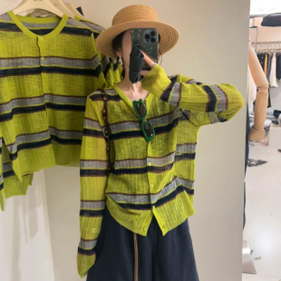 女欧洲站2025夏装 欧货女装 撞色条纹亚麻针织开衫 新款 潮 时尚 防晒衫