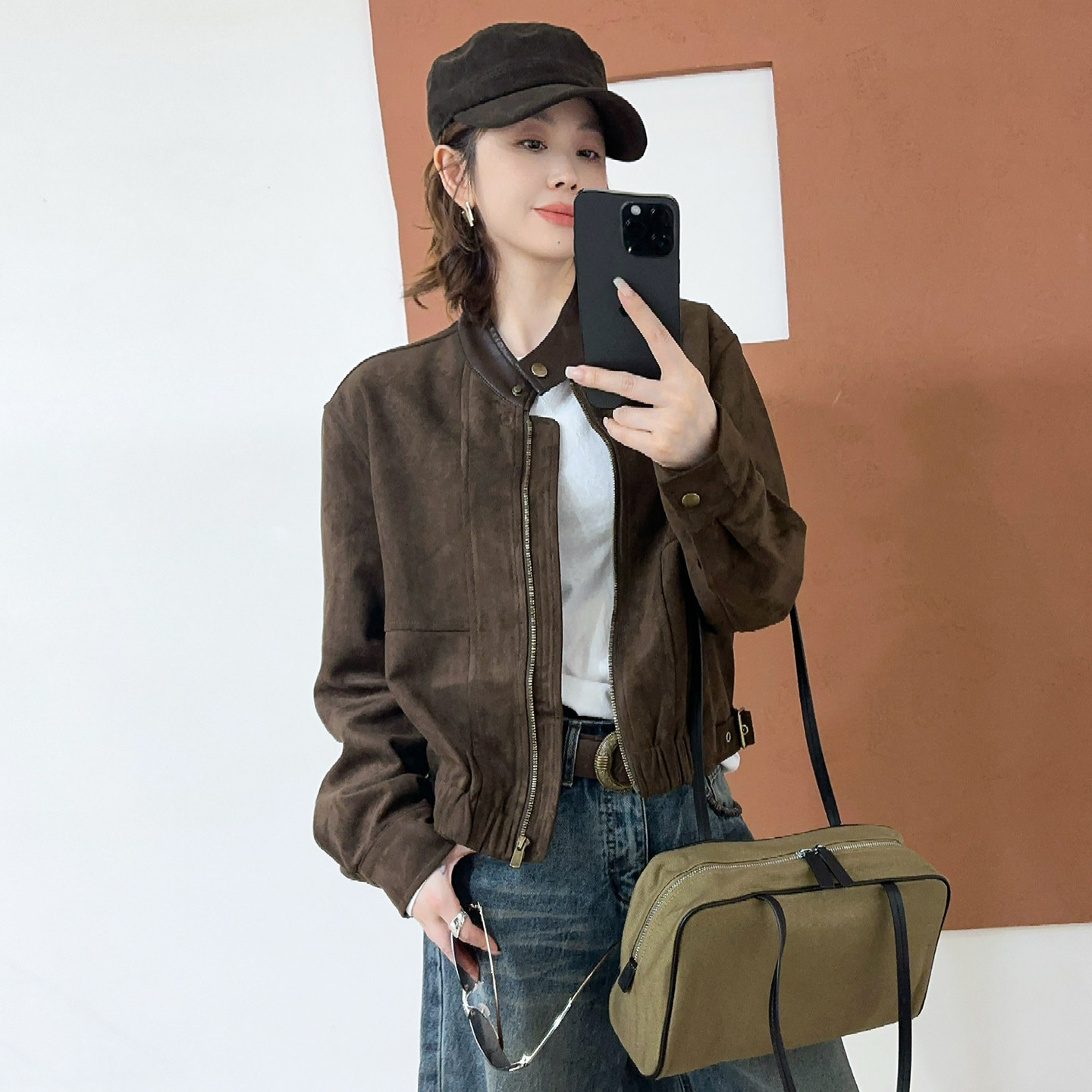 复古立领麂皮绒棒球服外套女欧货