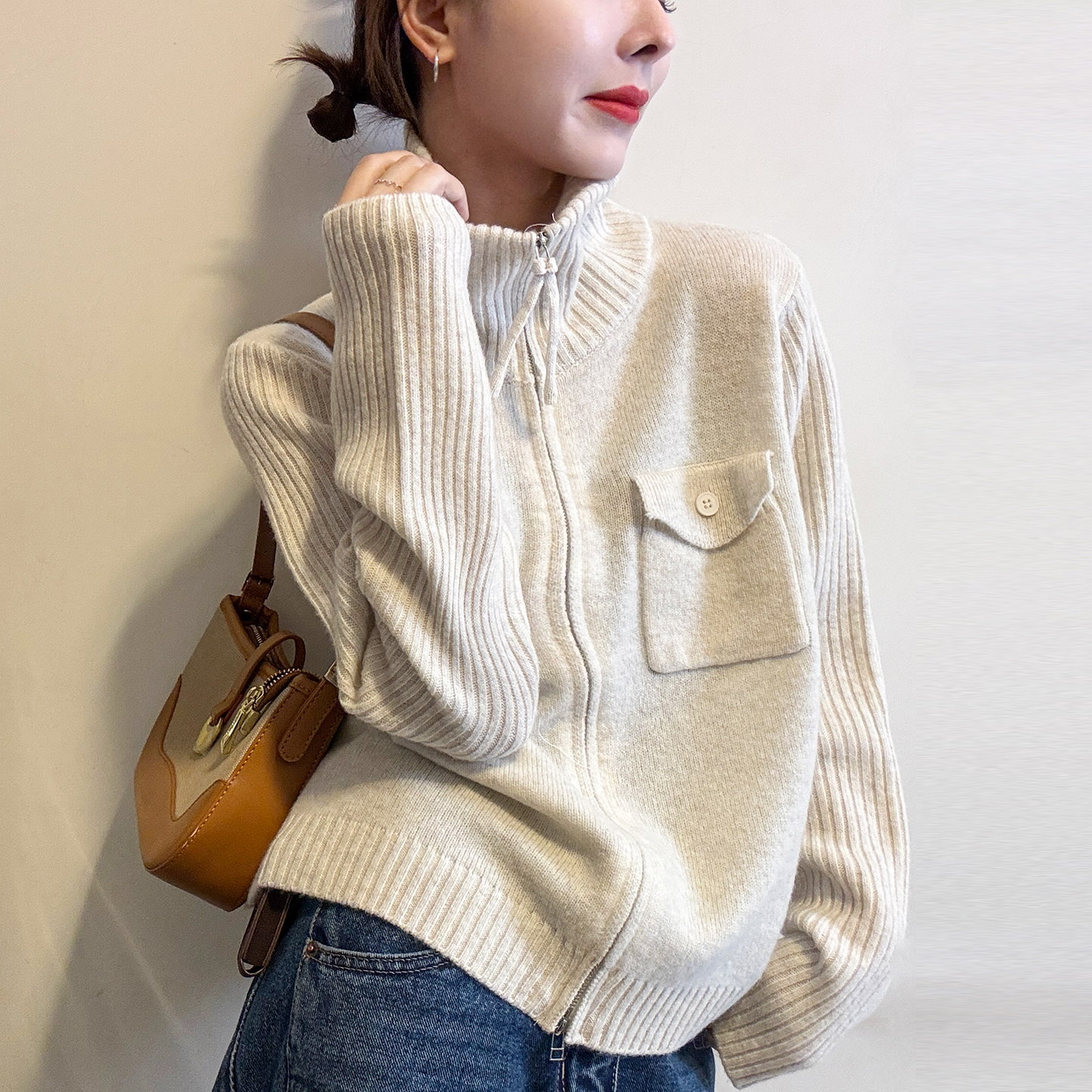 双拉链高领羊毛针织开衫女欧洲站