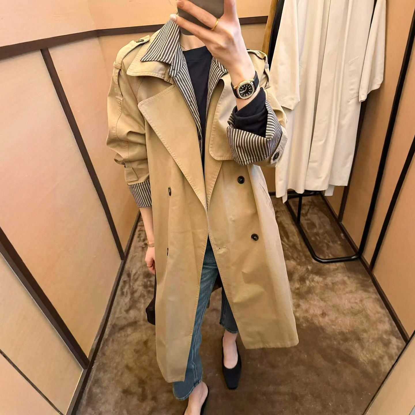 撞色翻领双排扣休闲风衣女欧洲站