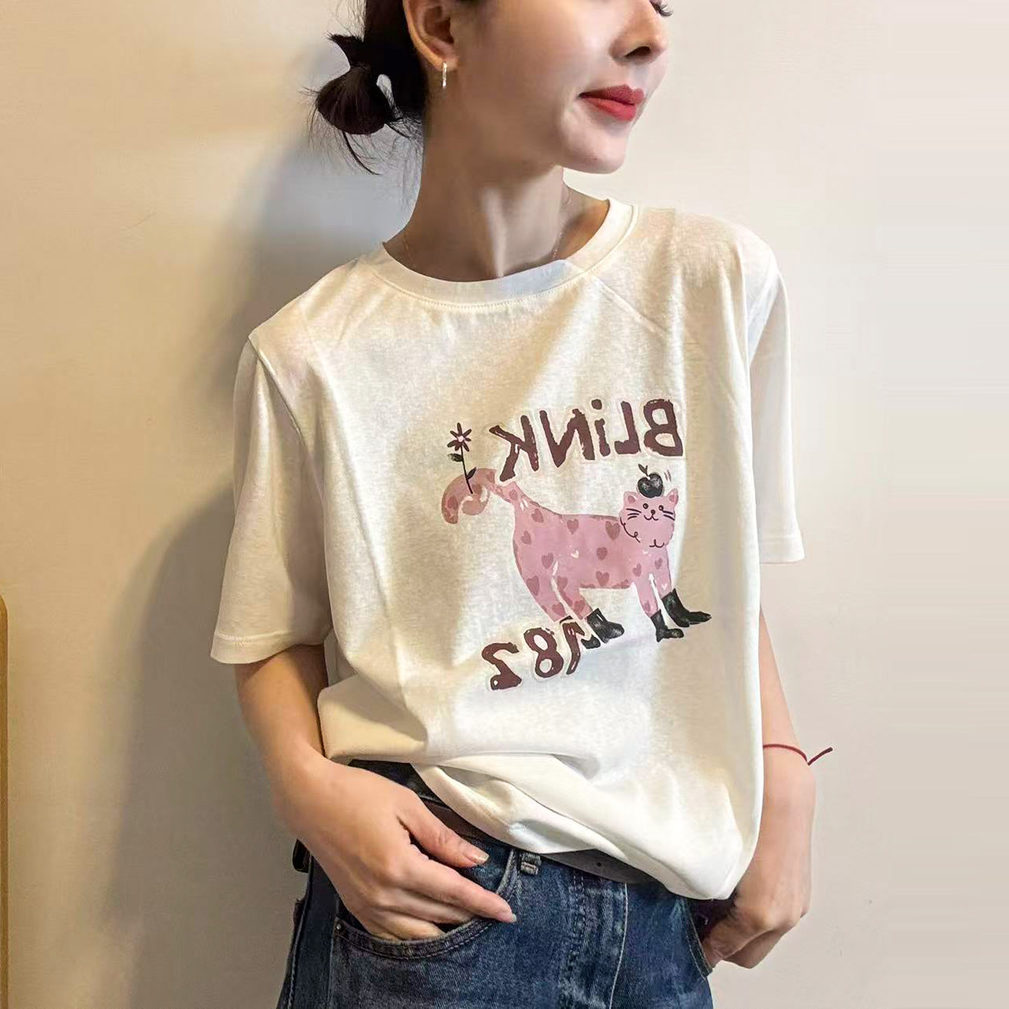 卡通猫咪印花短袖T恤女欧洲站潮