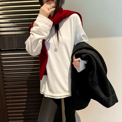 下摆蕾丝拼接磨毛加绒T恤女欧货