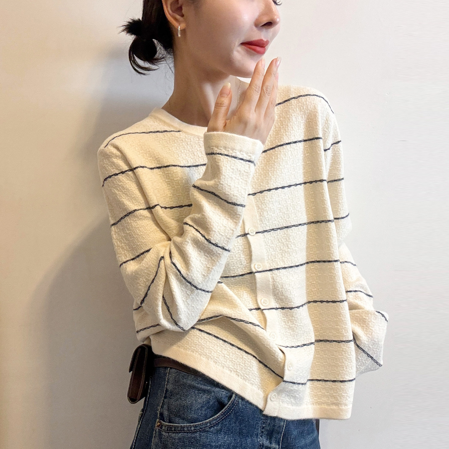 小香风条纹羊毛针织开衫女欧洲站