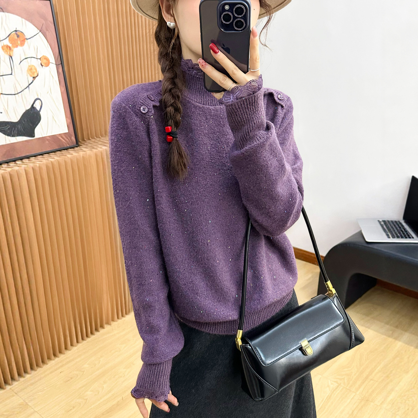 亮晶晶蕾丝羊绒针织衫女欧洲站2025冬装新款欧货女装高领打底衫潮