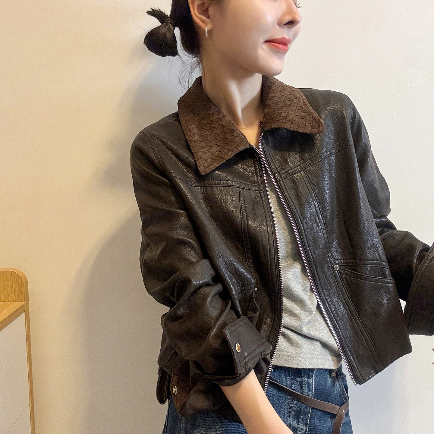 翻领蛋白皮PU皮衣外套女欧洲站