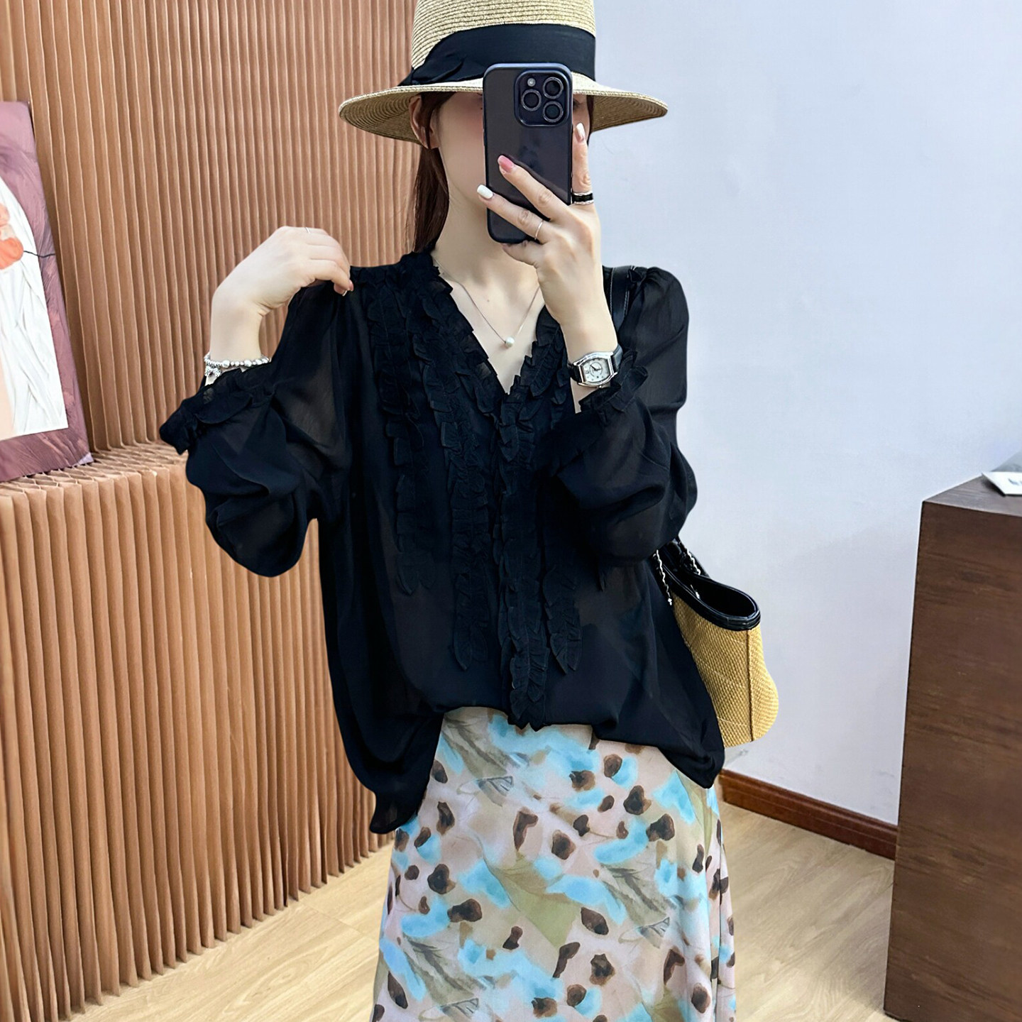 木耳边V领天丝衬衫女欧洲站上衣