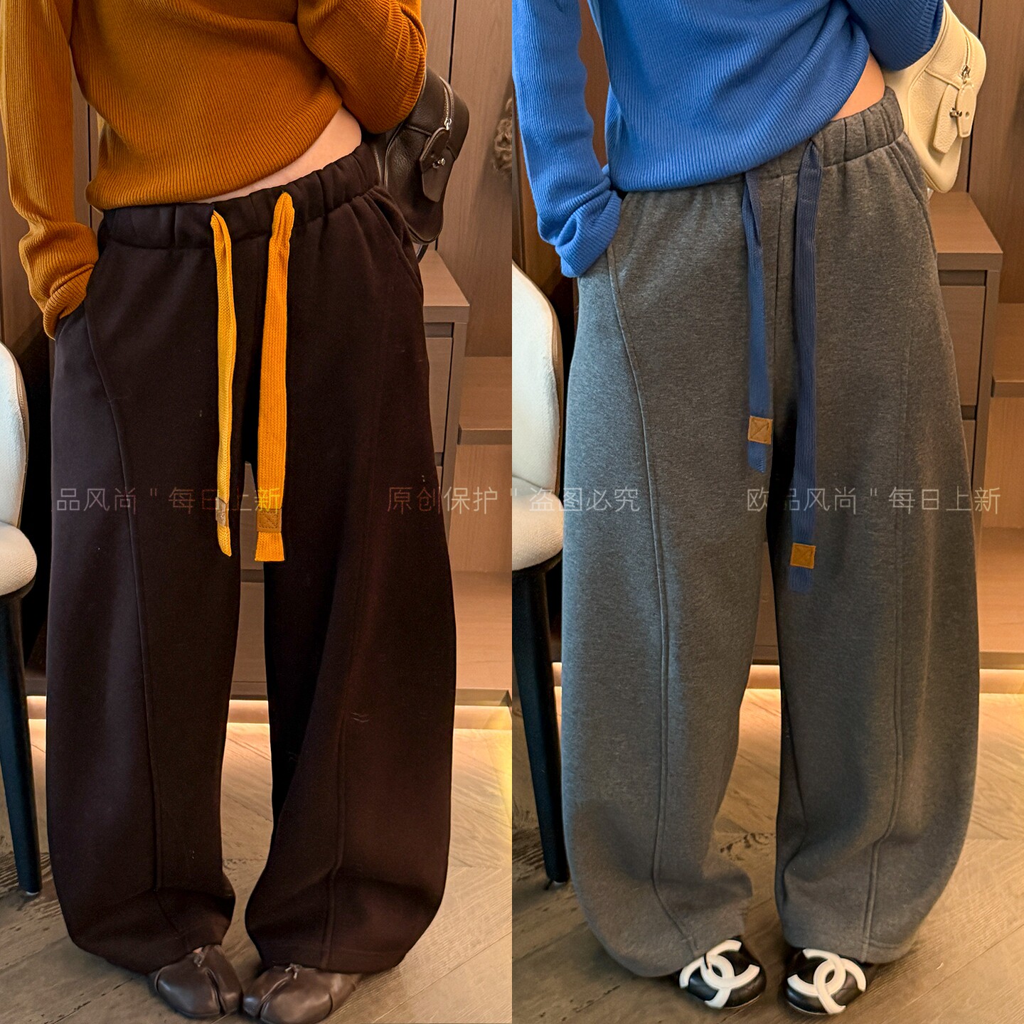 抽绳系带拖地加绒阔腿裤女欧洲站
