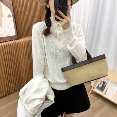 假两件钩花高领羊绒针织衫女欧货