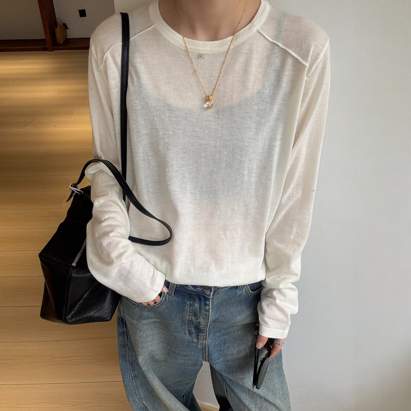 明线装饰细羊毛针织衫女欧货毛衣