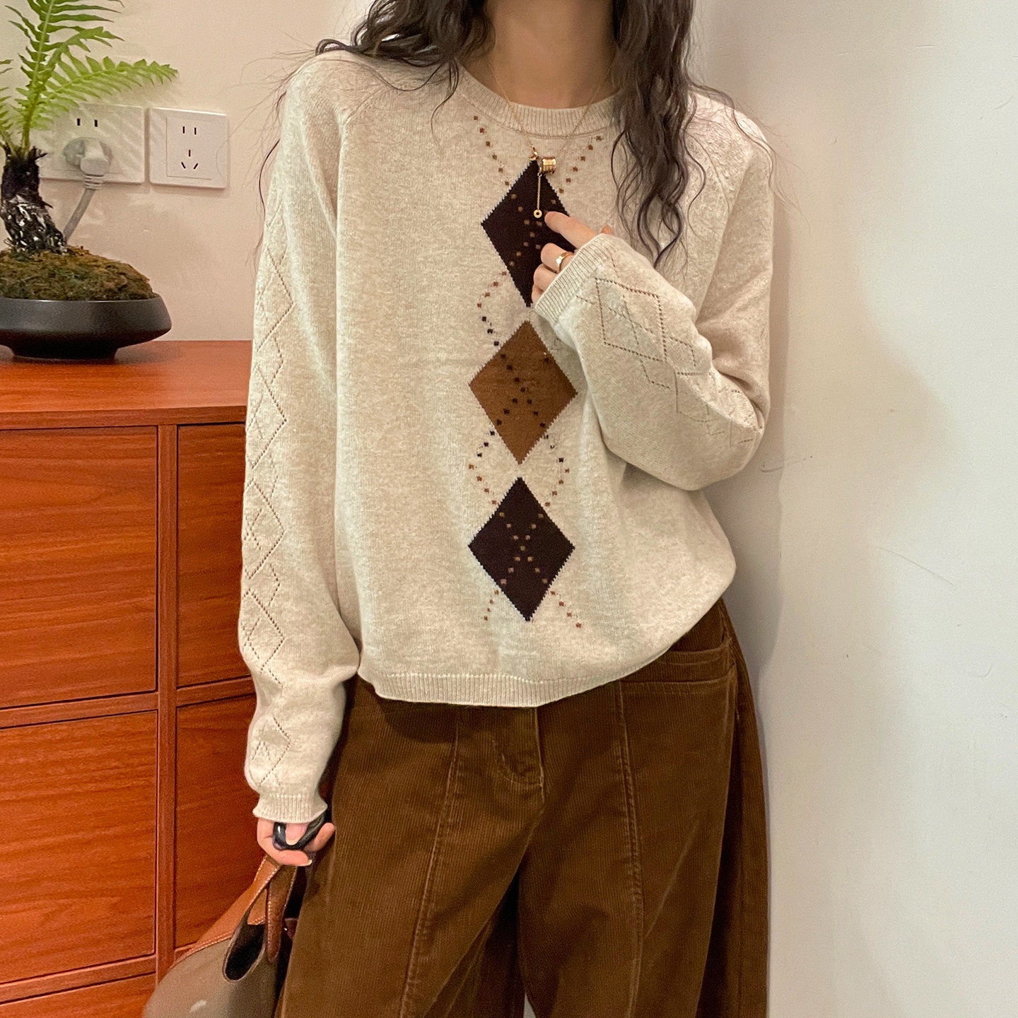 菱形格山羊绒绵羊毛针织衫女欧货
