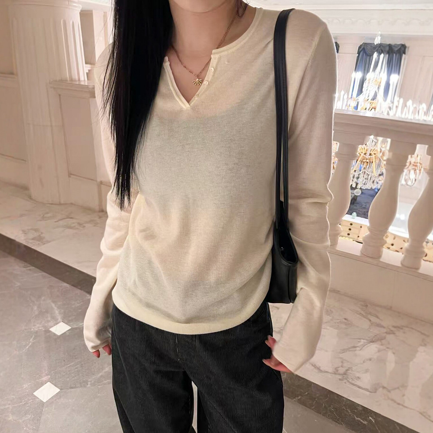 剪刀领长袖羊毛针织衫女欧洲站潮