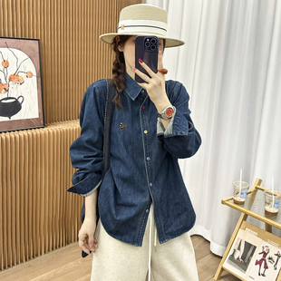 女欧洲站2025冬装 打底衫 新款 时尚 潮 欧货女装 小马刺绣磨毛牛仔衬衫