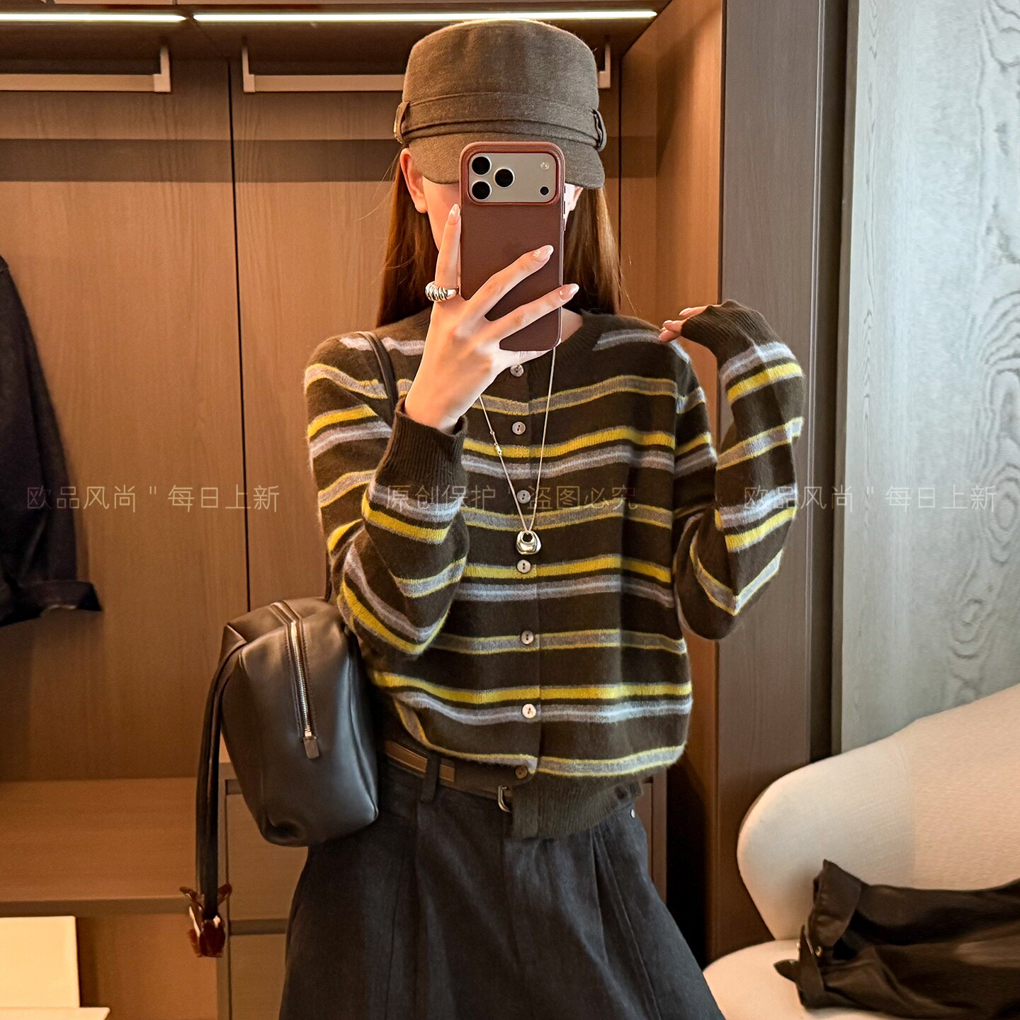 撞色条纹绵羊毛针织开衫女欧洲站
