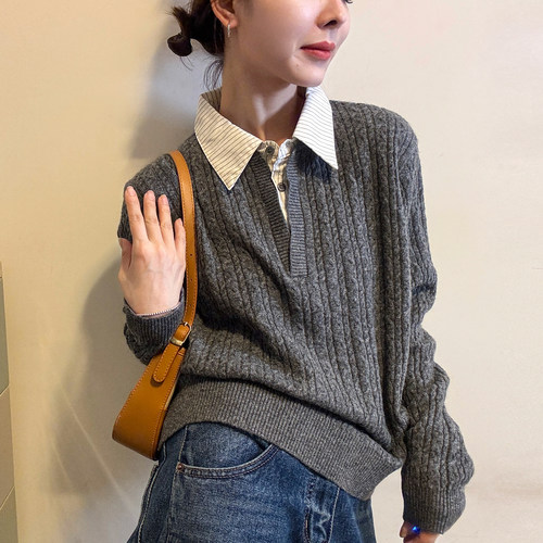 假两件衬衫领羊毛针织衫女欧洲站