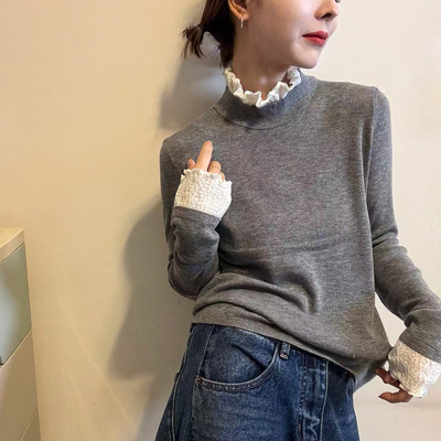 蕾丝拼接高领细羊毛针织衫女欧货