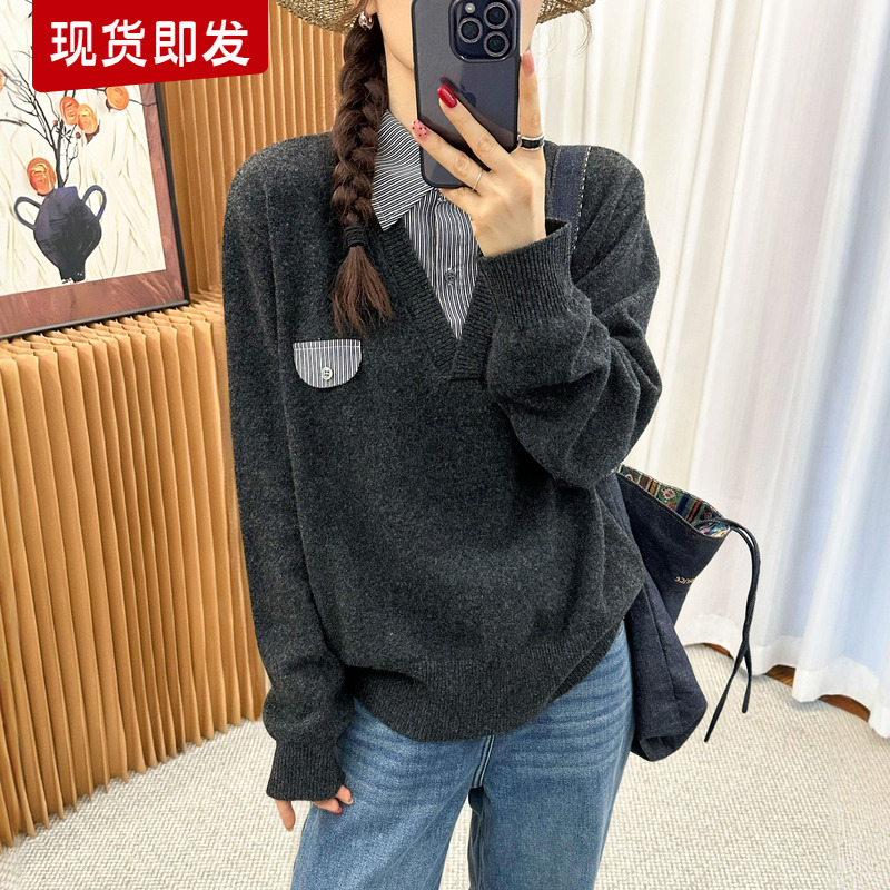 假两件条纹翻领羊绒针织衫女欧货