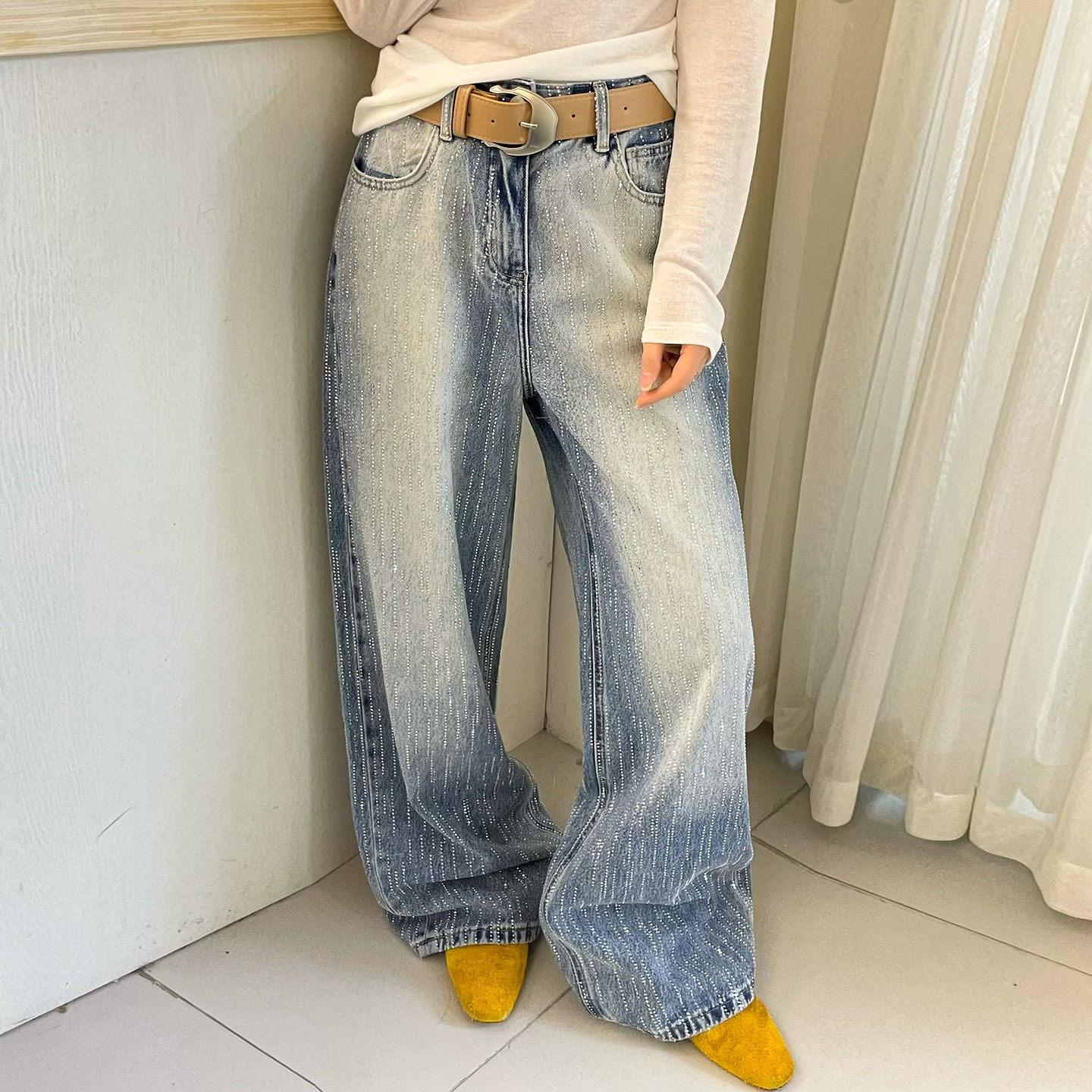 重工烫钻拖地阔腿牛仔裤女欧洲站2026春装新款欧货女装直筒裤子潮