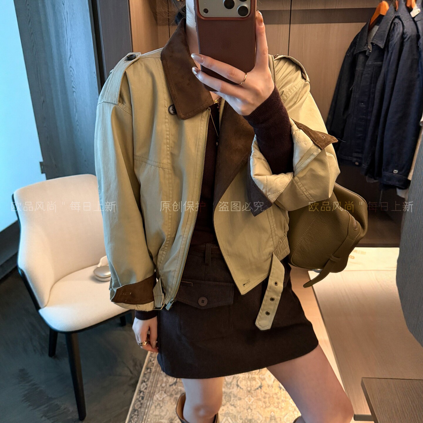 麂皮绒翻领工装加棉外套女欧洲站